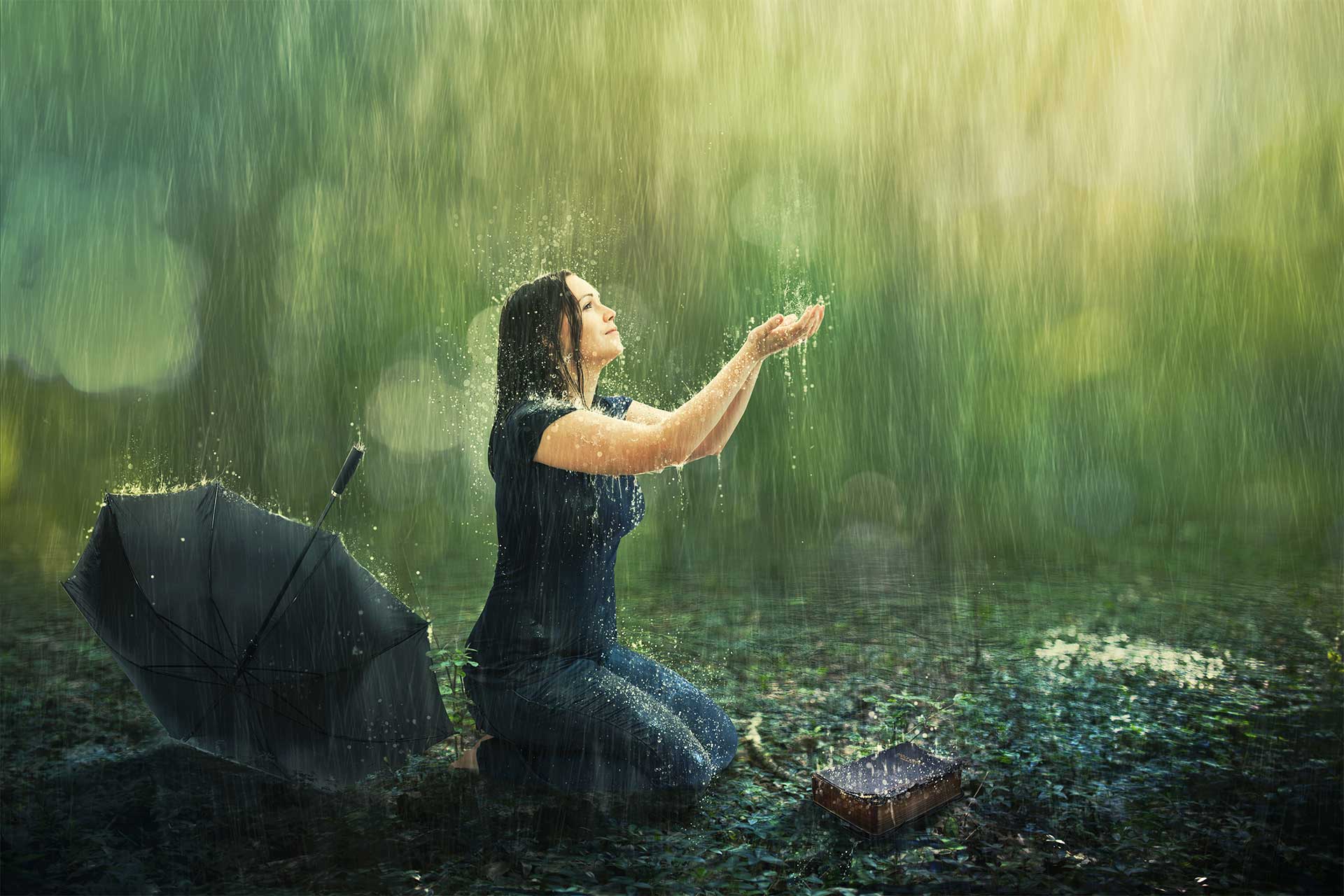 mom praying in the rain with ads outstretched